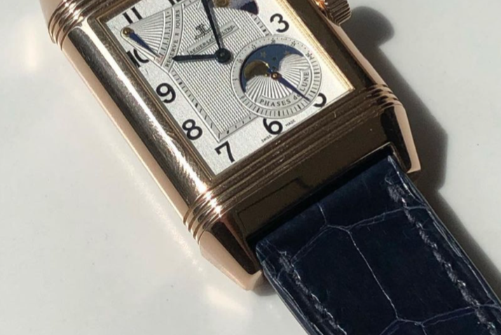 Bracelet Montre Alligator Bleu Marine Jaeger Lecoultre Reverso Grande Sun Moon Reserve de Marche Phase Lune Or Rose