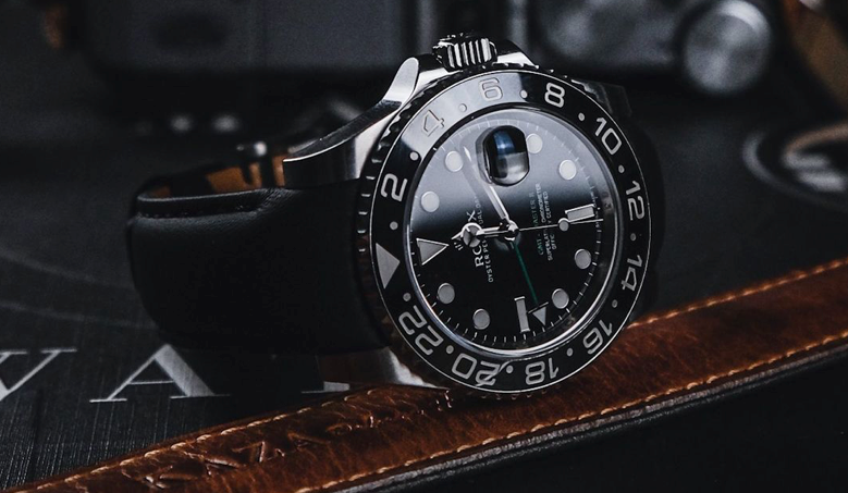 Bracelet de montre veau sellier noir Rolex GMT Master II Ref 116710LN