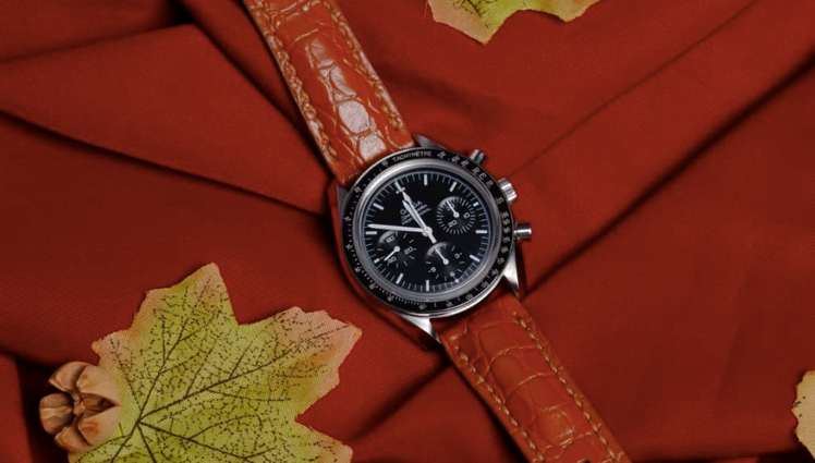 Bracelet de montre en alligator marron clair écaille ronde Omega Speedmaster 