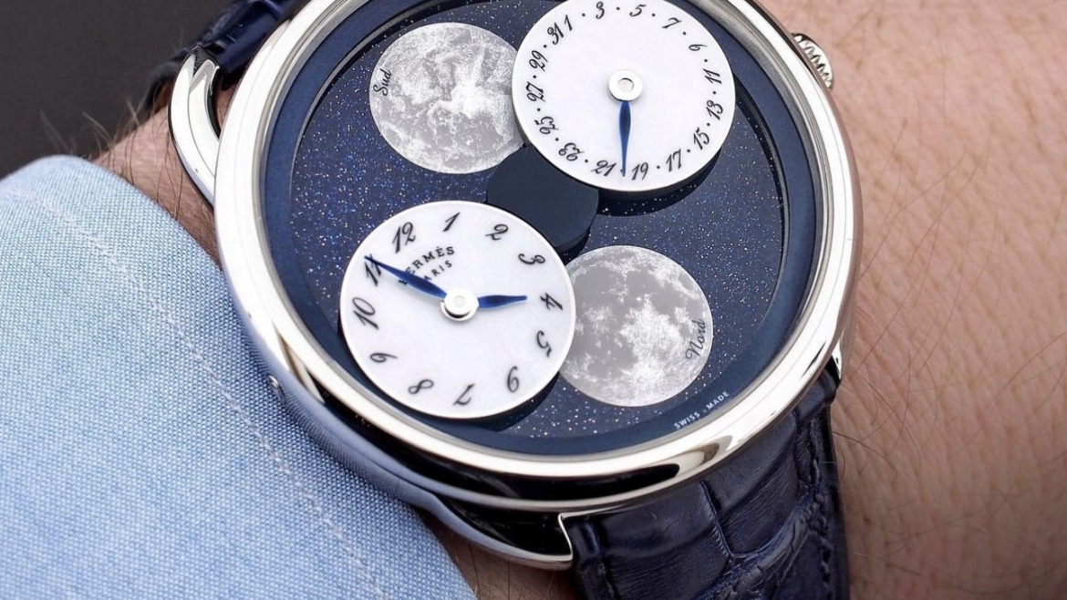 Bracelet Montre Alligator Bleu Nuit Hermès Arceau L'heure de la Lune