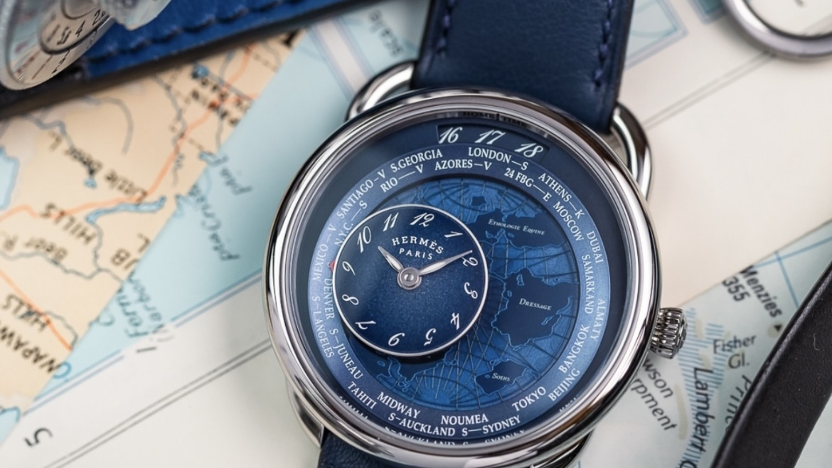 Bracelet de Montre Veau Sellier Bleu Marine Hermès Le Temps Voyageur