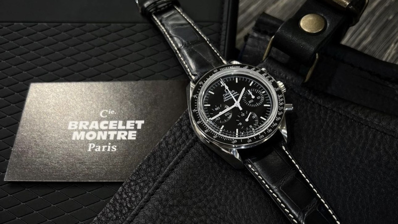 Bracelet Montre Alligator Noir Ecrue - Omega Speedmaster Professional 