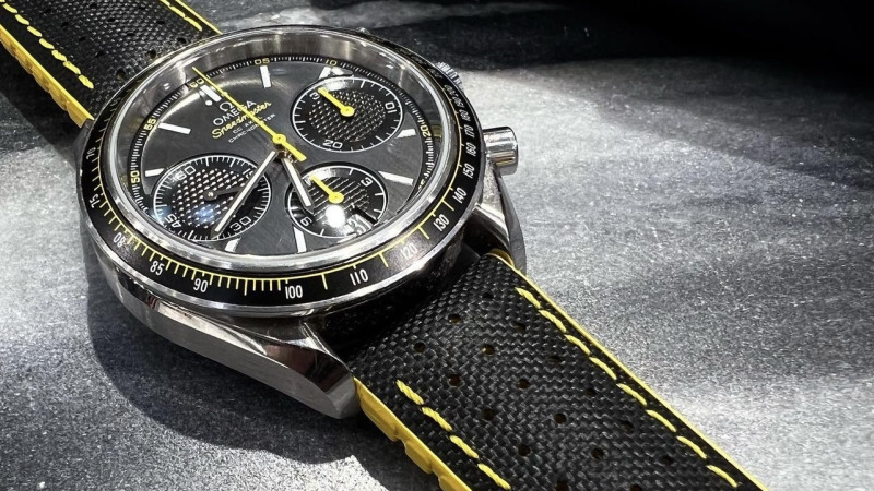 Bracelet Montre Hirsch Veau Etanche Effet Toile Noir Jaune  - Omega Speedmaster