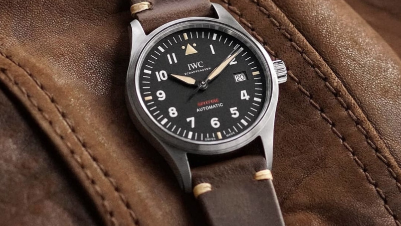 Bracelet Montre Ethnic Veau Marron Vieilli Couture Ecrue - IWC Spitfire