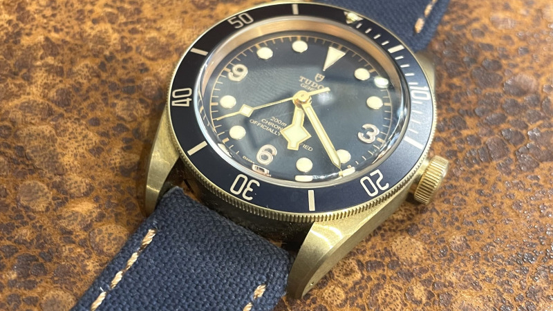 Bracelet Montre Vintage Canvas Bleu Jeans - Tudor Black Bay Bronze